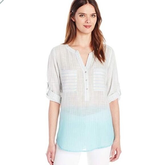 Vintage America Dip Dyed Ombre Stripe Cotton Popover Tunic in Blue / White - Picture 2 of 14